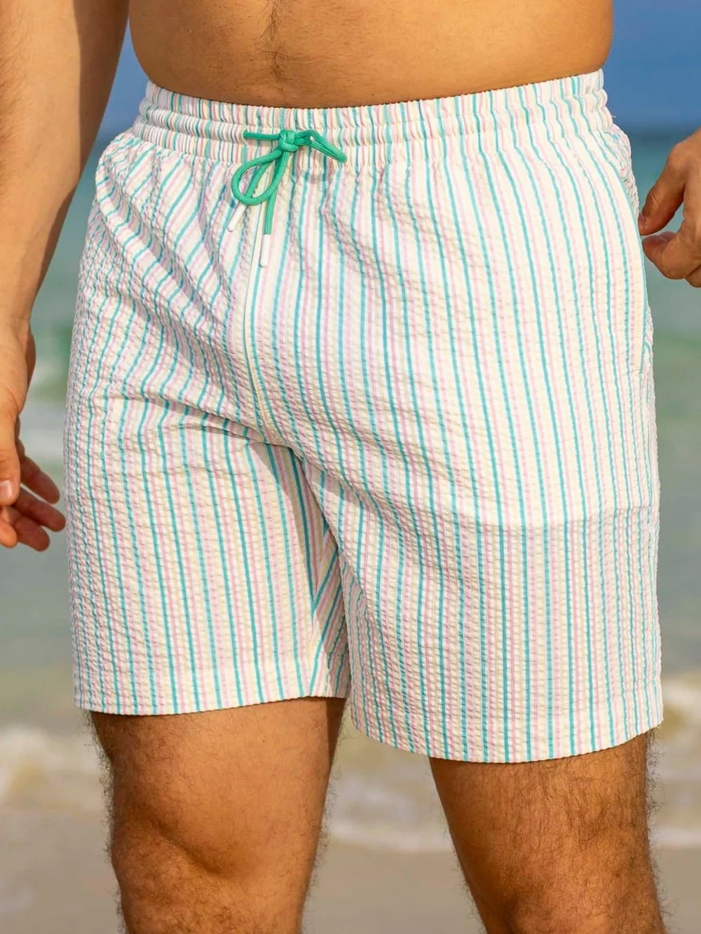 RSVLTS Easy Does It Seersucker Hybrid Swim Trunks 2XL Pastel Stripe